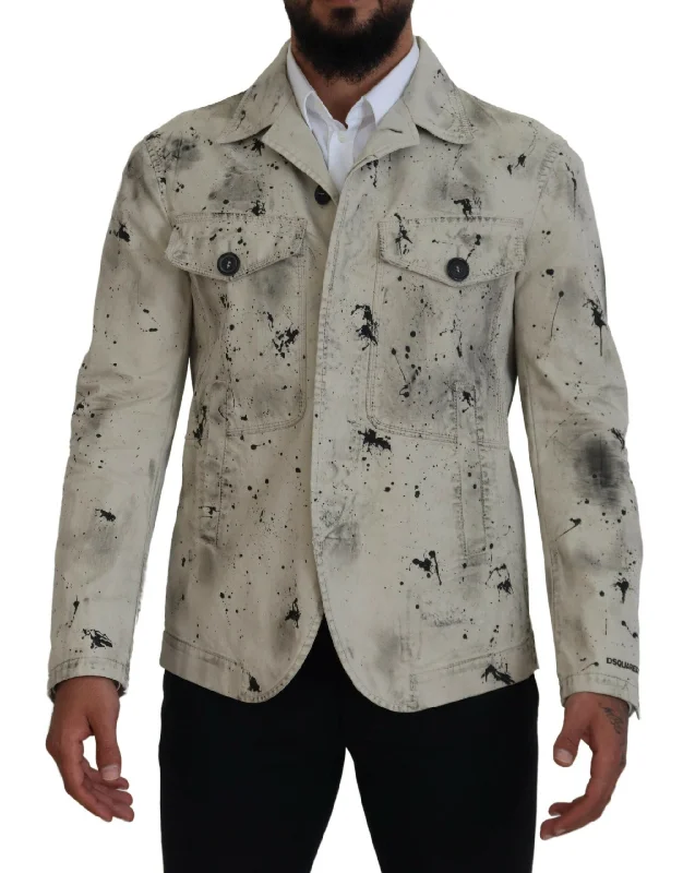 Men's forest jackets-Dsqua² ivory  Splash Print Casual blue Men's Jacket