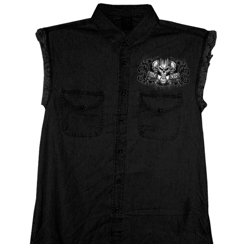 best casual short sleeve shirts for men -Hot Leathers GMD5015 Men's Black Ride or Die Skull Sleeveless Denim Button Shirt