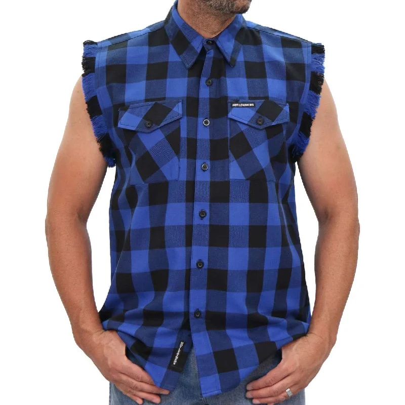 men’s printed short sleeve t-shirts for fashion -Hot Leathers FLM5208 Men's Sleeveless Fringe Blue and Black Flannel Shirt