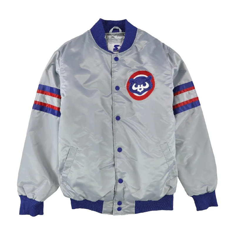 Men's solid color jackets-STARTER Mens Chicago Cubs Satin Varsity Jacket, Grey, Large (Regular)