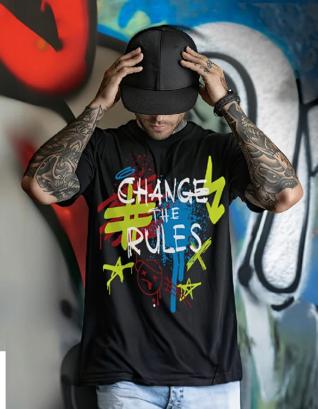 modern design short sleeve shirts for men -CHANGE THE RULE Black Oversized Front Typographic Printed Tshirt