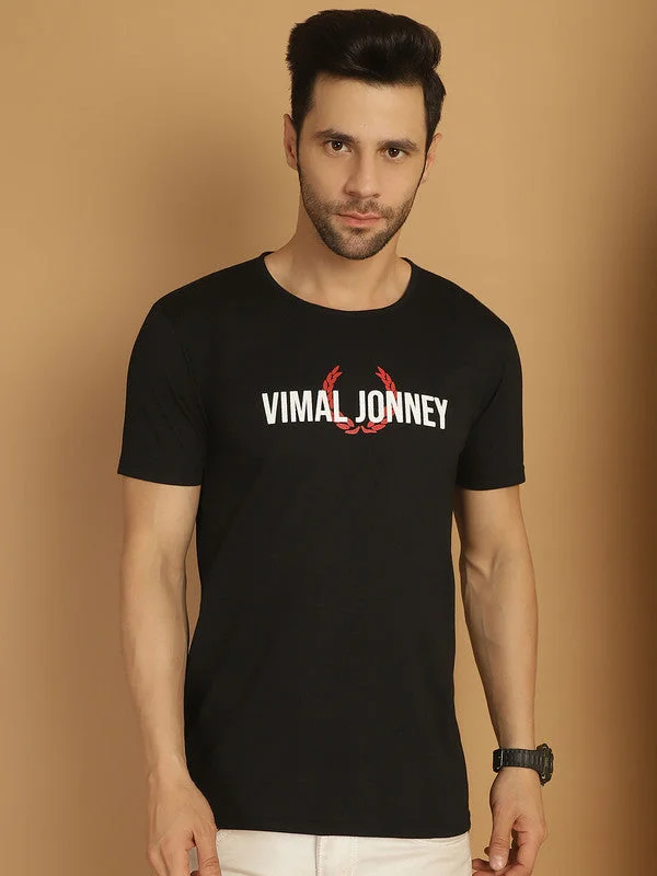 trendy men’s graphic short sleeve shirts -Vimal Jonney Black Logo Printed Round Neck Cotton Half sleeves Tshirt For Men