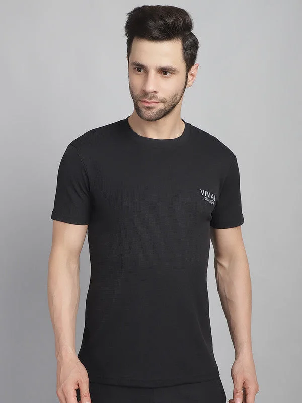 stylish slim fit short sleeve t-shirts -Vimal Jonney Solid Black Round Neck Polyester Lycra Half sleeves Tshirt For Men