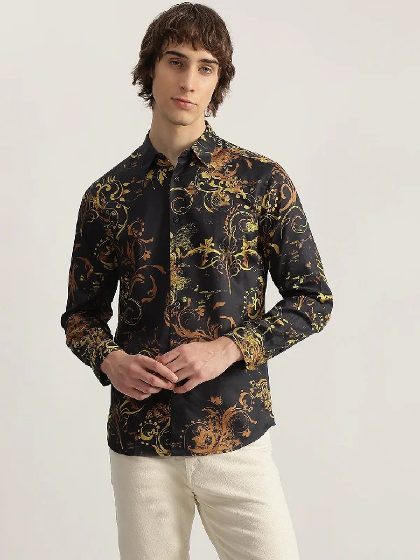 men’s loose fit short sleeve shirts -Iconic Men Black Printed Spread Collar Full Sleeves Shirt