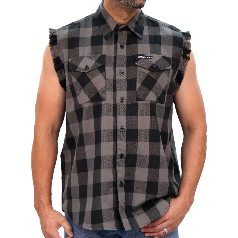 breathable short sleeve shirts for outdoor activities -Hot Leathers FLM5203 Men's Sleeveless Fringe Grey and Black Flannel Shirt