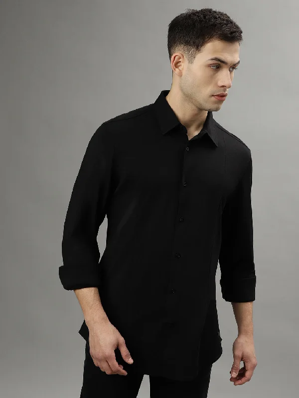 relaxed fit short sleeve shirts for men -Iconic Men Black Solid Spread Collar Full Sleeves Shirt