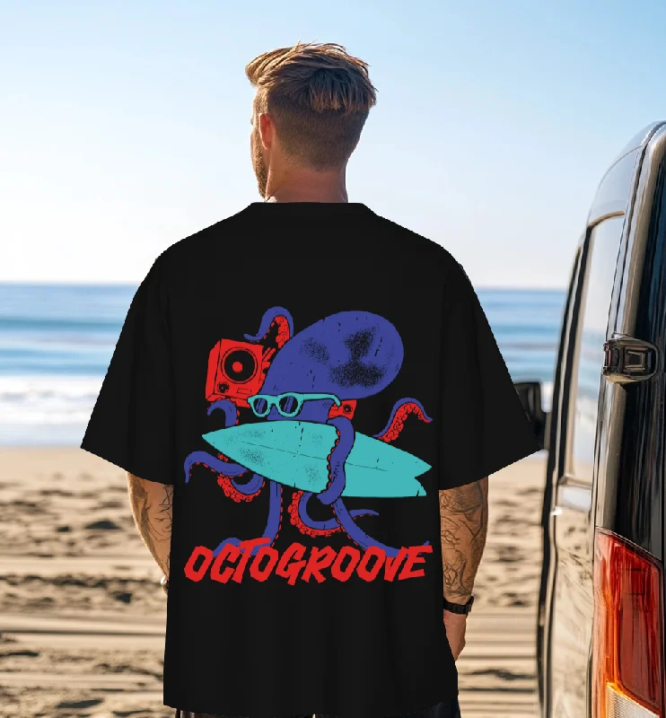 premium men’s short sleeve polo shirts -OCTOGROOVE Black Oversized Graphic Back Printed Tshirt