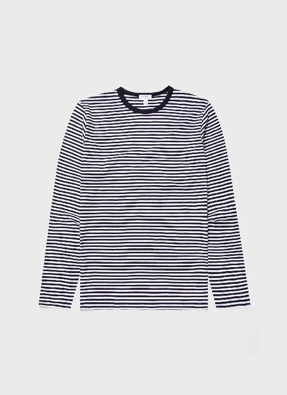 men’s oversized short sleeve shirts -Men's Classic Long Sleeve T-shirt in Navy/White English Stripe