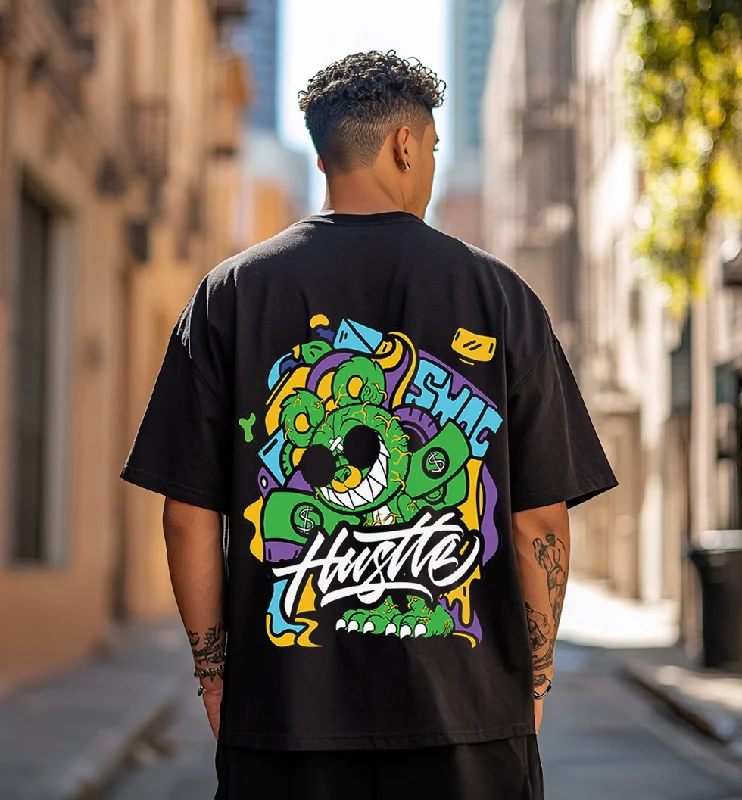 high-quality summer short sleeve shirts -Hustle Black Oversized Back Graphic Printed Tshirt