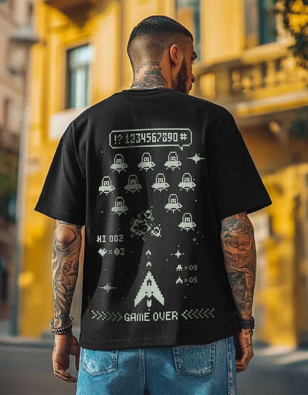 trendy short sleeve shirts for men’s beach wear -Game Over Black Oversized Back Graphic Printed Tshirt