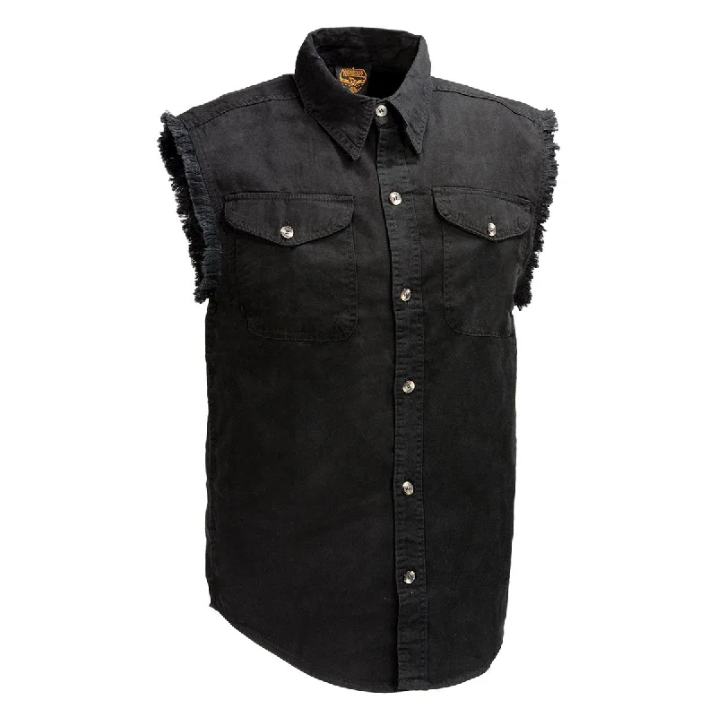 versatile summer short sleeve t-shirts for men -Milwaukee Leather DM1002 Men's Black Lightweight Denim Shirt with Frayed Cut Off Sleeveless