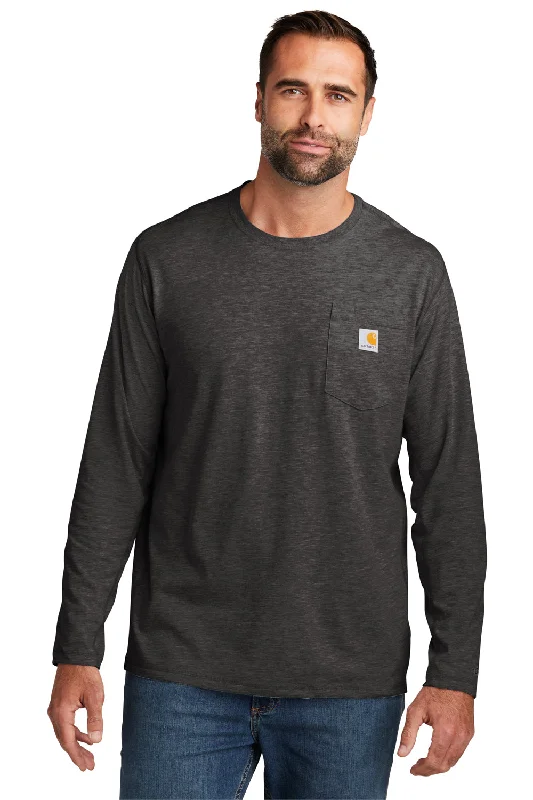 casual beach short sleeve shirts for men -Carhartt Mens Force Moisture Wicking Long Sleeve Crewneck T-Shirt w/ Pocket - Heather Carbon Grey