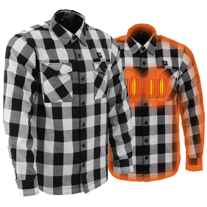 men’s loose fit short sleeve shirts -Nexgen Heat Men's NXM1601SET Riffraff Black/Grey/White Heated Flannel Sleeve Shirt Outdoor Activities w/Battery