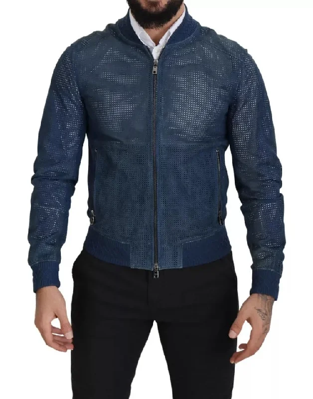 Men's yoga jackets-Dolce & Gabbana  Leather Perforated Full Zip Men's Jacket (Pre-Owned)