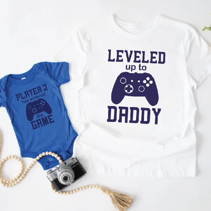 modern short sleeve shirts for men’s casual outings -Leveled Up Daddy/Player 2 Dad & Baby Tee & Vest White/Colbalt Blue