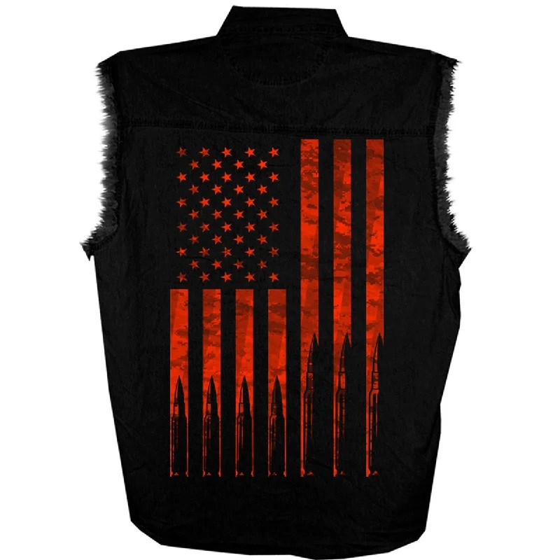 fashionable short sleeve shirts for summer -Hot Leathers GMD5430 Mens Black Flag Bullets Sleeveless Black Denim Shirt