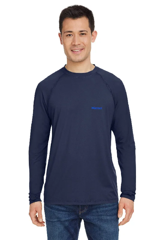 men’s short sleeve shirts for warm weather -Marmot Mens Windridge Moisture Wicking Long Sleeve Crewneck T-Shirt - Arctic Navy Blue