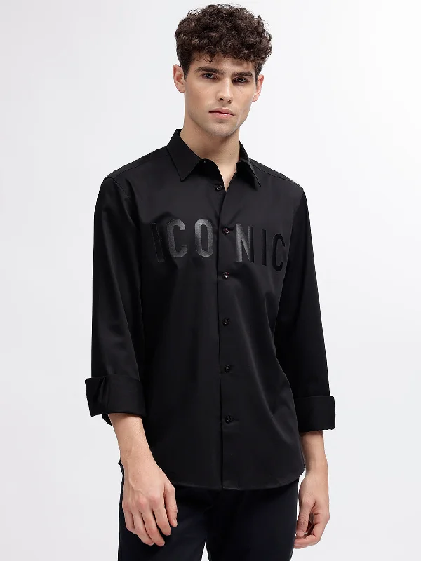 short sleeve t-shirts with prints for men -Iconic Men Black Solid Spread Collar Full Sleeves Shirt