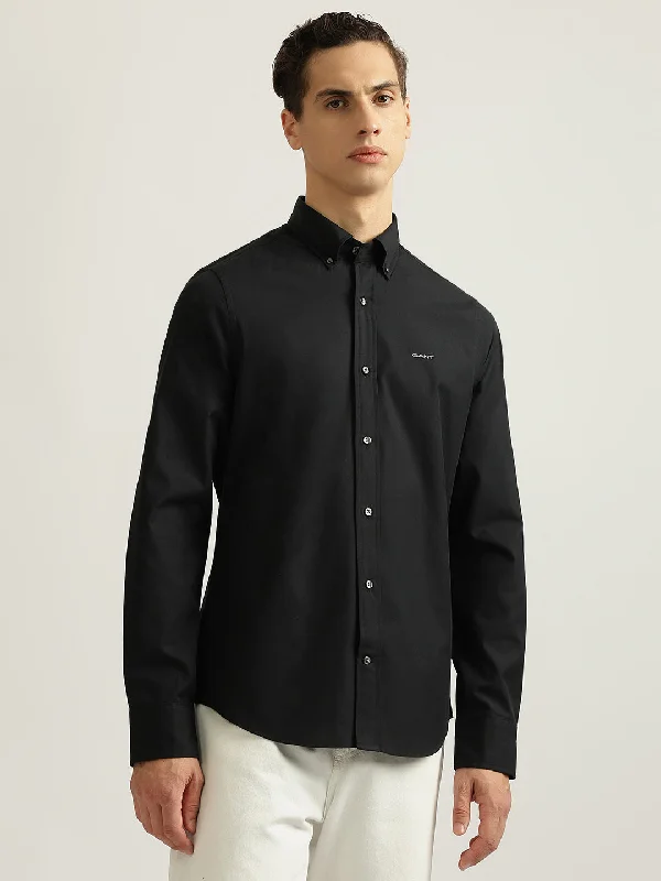 men’s stylish short sleeve shirts with logos -Gant Men Black Solid Buttoned Down Collar Full Sleeves Shirt