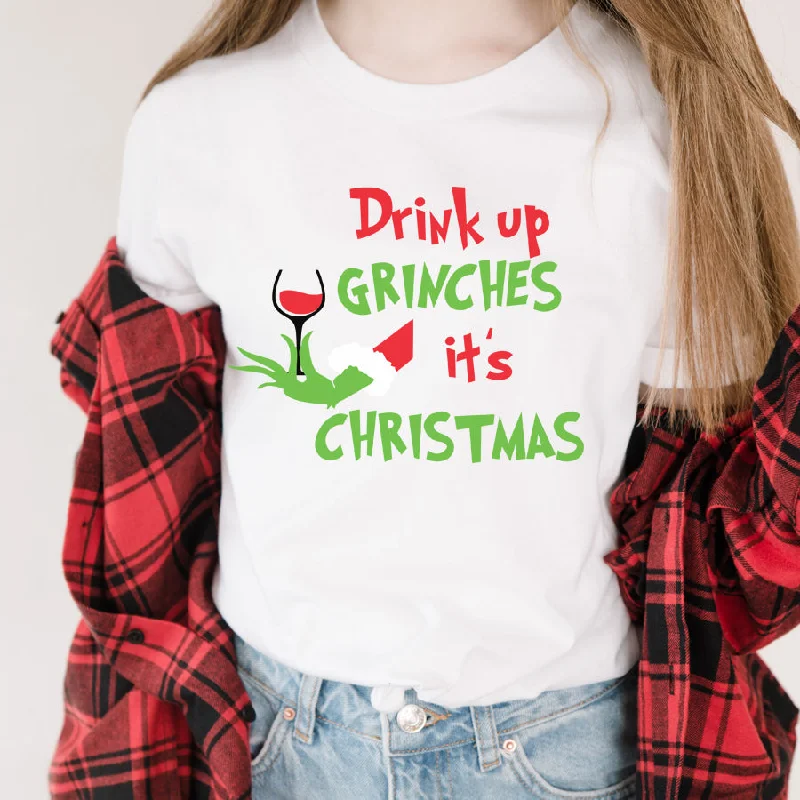 men’s short sleeve shirts with stripes -Drink Up Grinches Christmas White T-Shirt