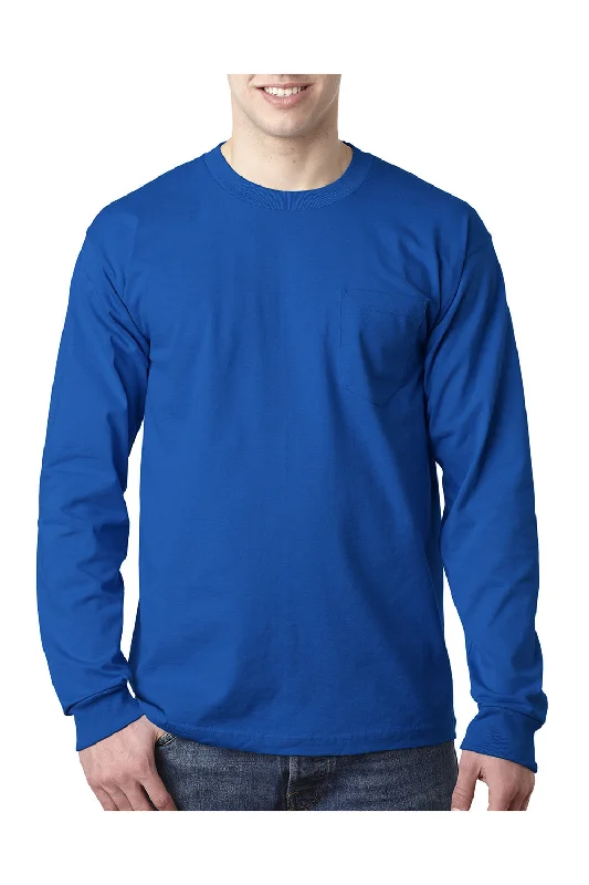 simple short sleeve shirts for everyday wear -Bayside Mens USA Made Long Sleeve Crewneck T-Shirt w/ Pocket - Royal Blue