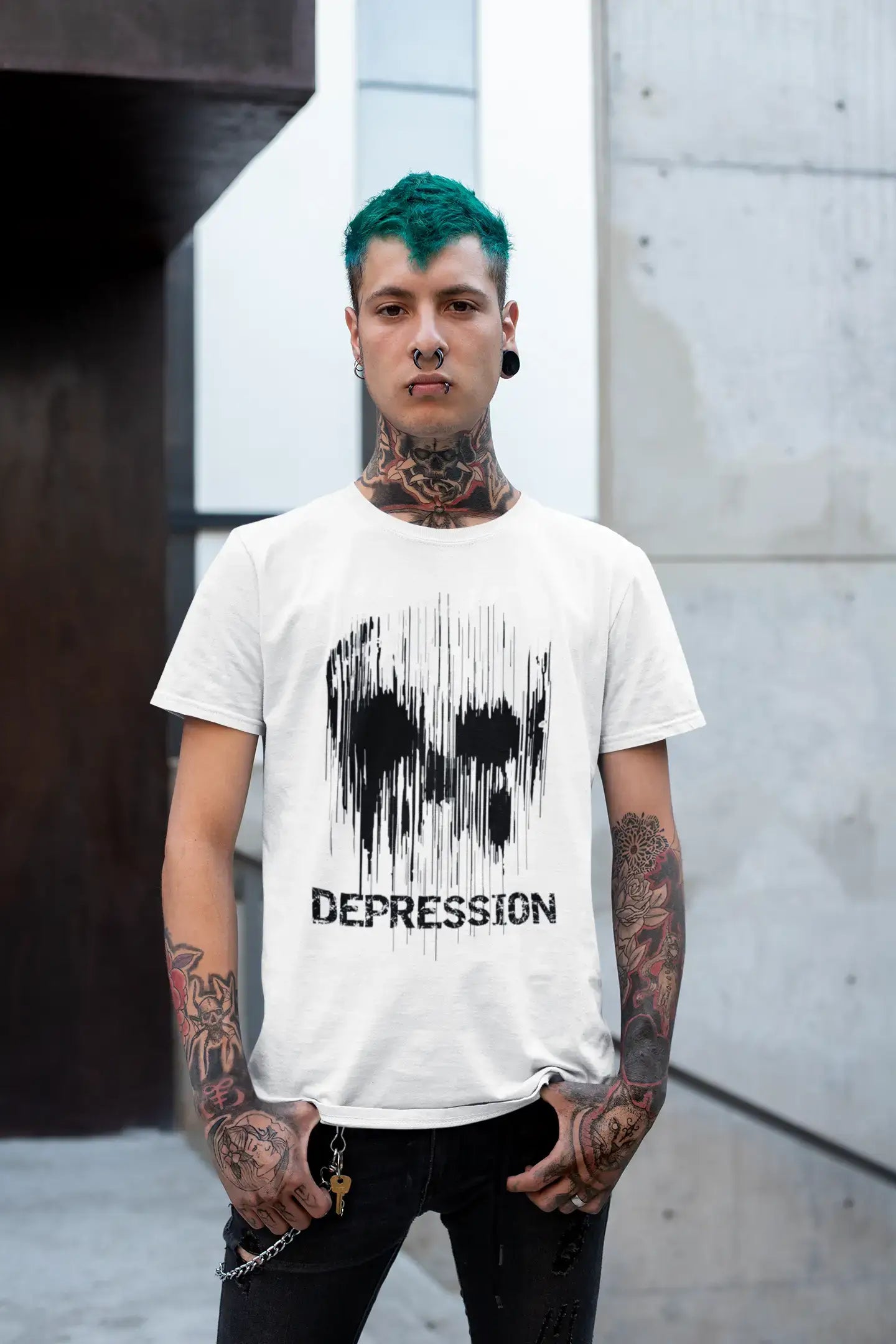 men’s short sleeve shirts for laid-back days -Men's Vintage Tee Shirt Graphic T shirt Skull DEPRESSION White