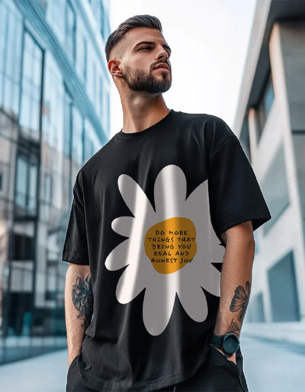 men’s short sleeve shirts with cool prints -Flower Black Oversized Placement Graphic Printed Tshirt