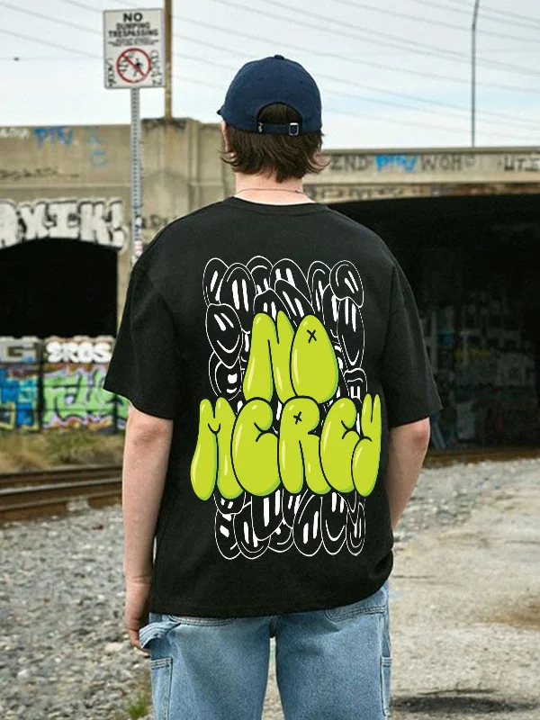 lightweight short sleeve t-shirts for men -NO MERCY Black Back Oversized Typographic Printed Tshirt