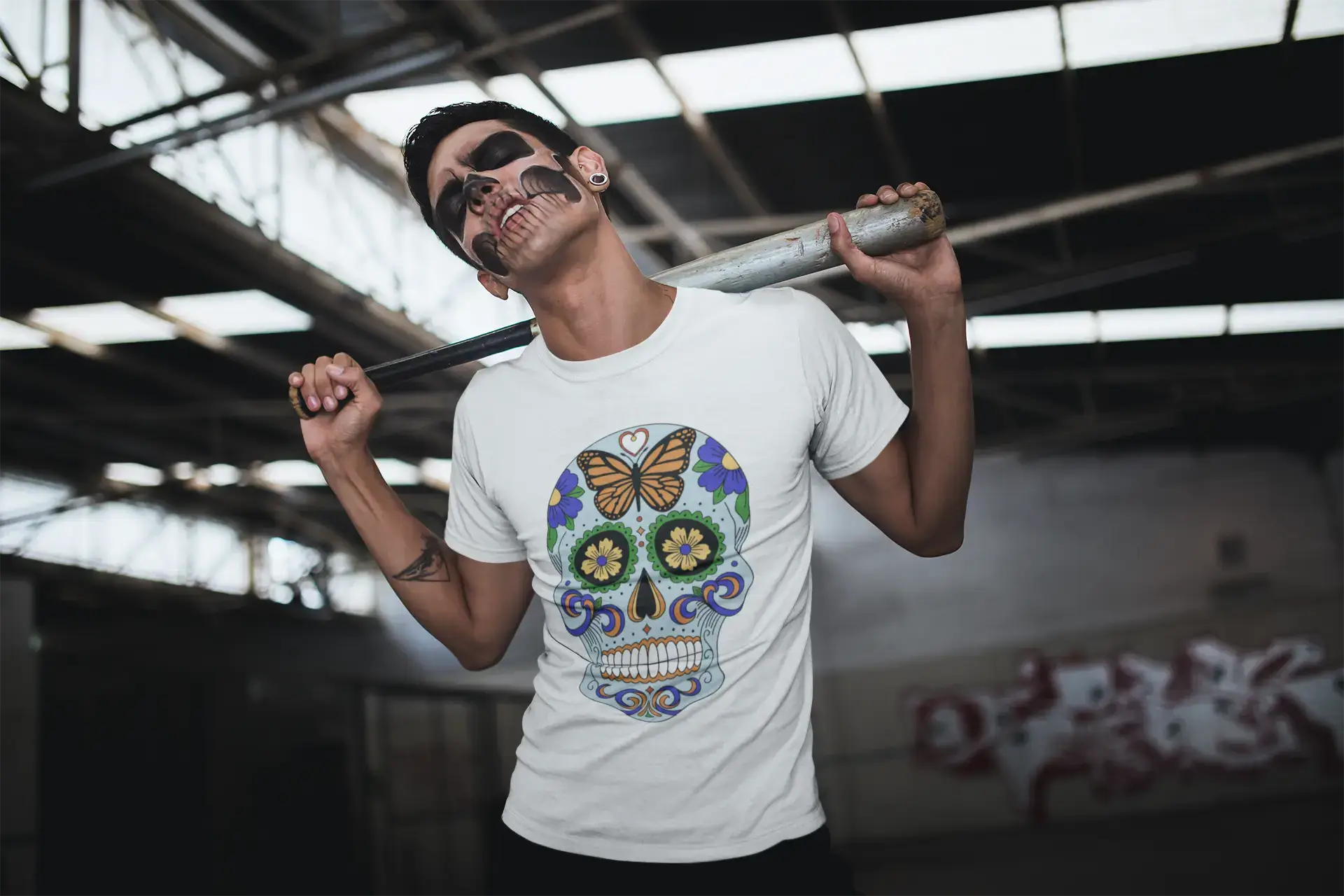 stylish summer short sleeve shirts for men -Day of the dead skull blue, Men's White tee, 100% Cotton 00187