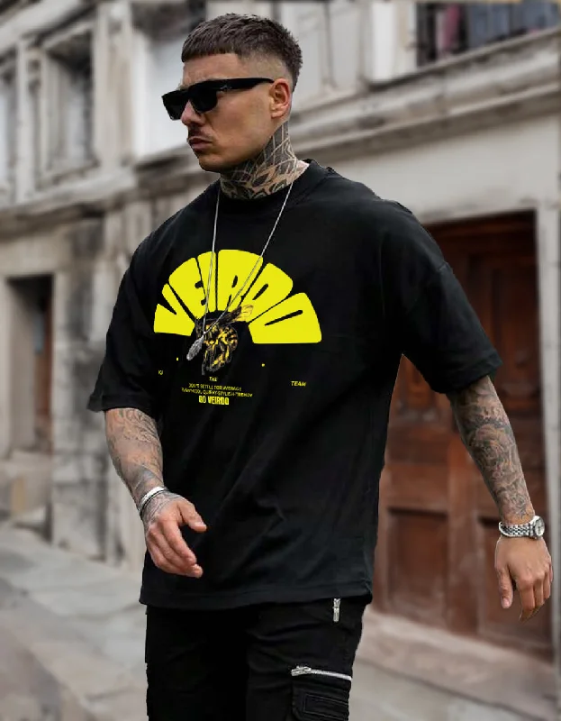 versatile men’s short sleeve shirts for daily wear -Veirdo Black Oversized Chest Graphic Printed Tshirt