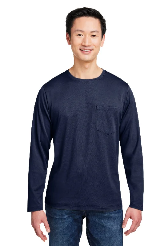 men’s comfortable short sleeve work shirts -Harriton Mens Charge Moisture Wicking Long Sleeve Crewneck T-Shirt w/ Pocket - Dark Navy Blue