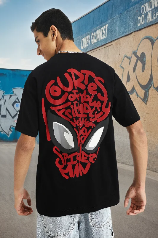 stylish short sleeve shirts for work -Spiderman Black Oversized Graphic Back Printed Boys T-shirt