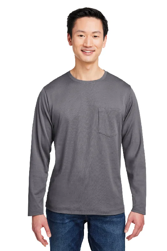 trendy short sleeve shirts for hot weather -Harriton Mens Charge Moisture Wicking Long Sleeve Crewneck T-Shirt w/ Pocket - Dark Charcoal Grey