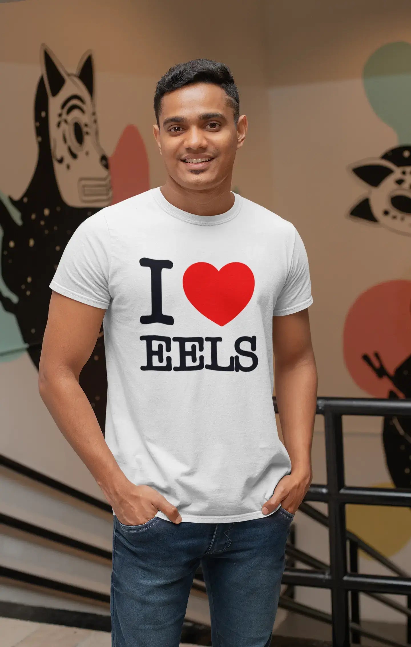 stylish short sleeve shirts for men’s casual wear -EELS, I love animals, White, Men's Short Sleeve Round Neck T-shirt 00064