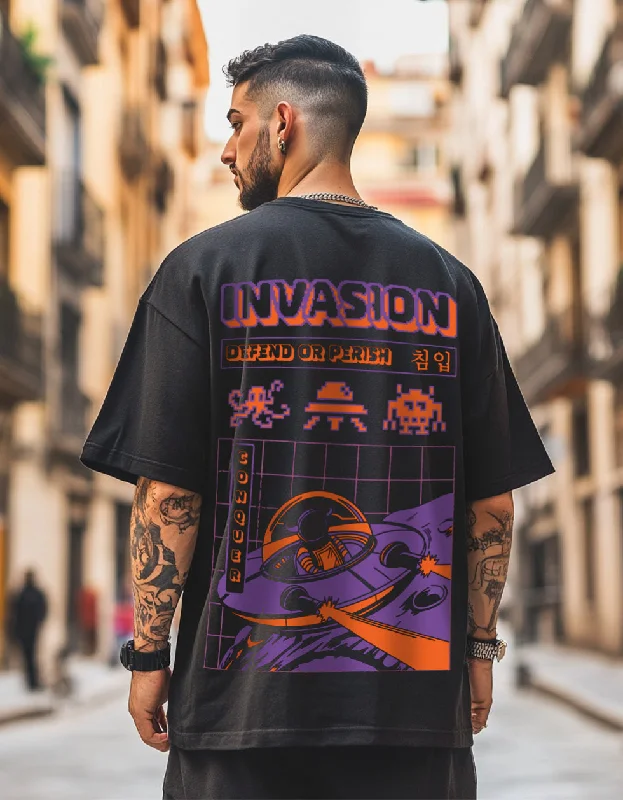 stylish fitted short sleeve shirts for men -Invasion Black Oversized Graphic Printed T-shirt