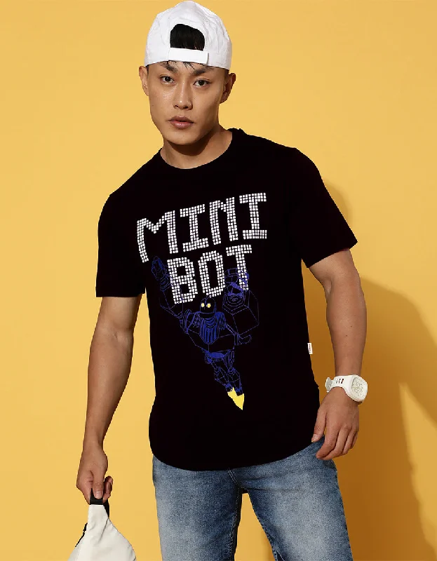 men’s short sleeve shirts for hiking -Mini Bot Black Regular Chest Graphic Printed Tshirt