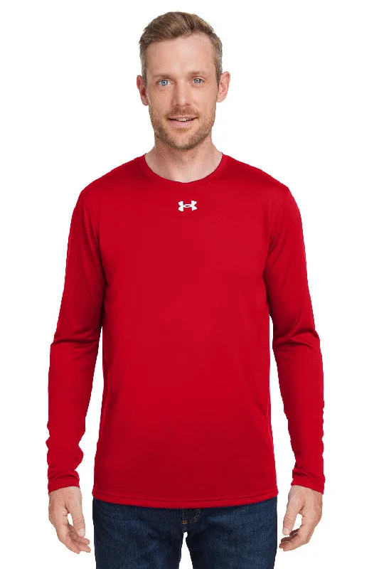 men’s printed short sleeve shirts for casual wear -Under Armour Mens Team Tech Moisture Wicking Long Sleeve Crewneck T-Shirt - Red