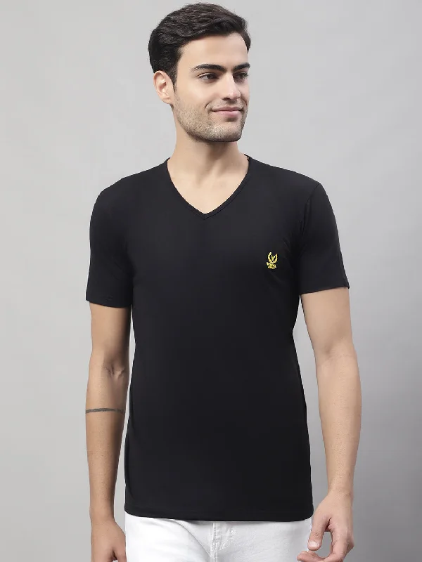 relaxed short sleeve shirts for hot weather -Vimal Jonney V Neck Cotton Solid Black T-Shirt for Men