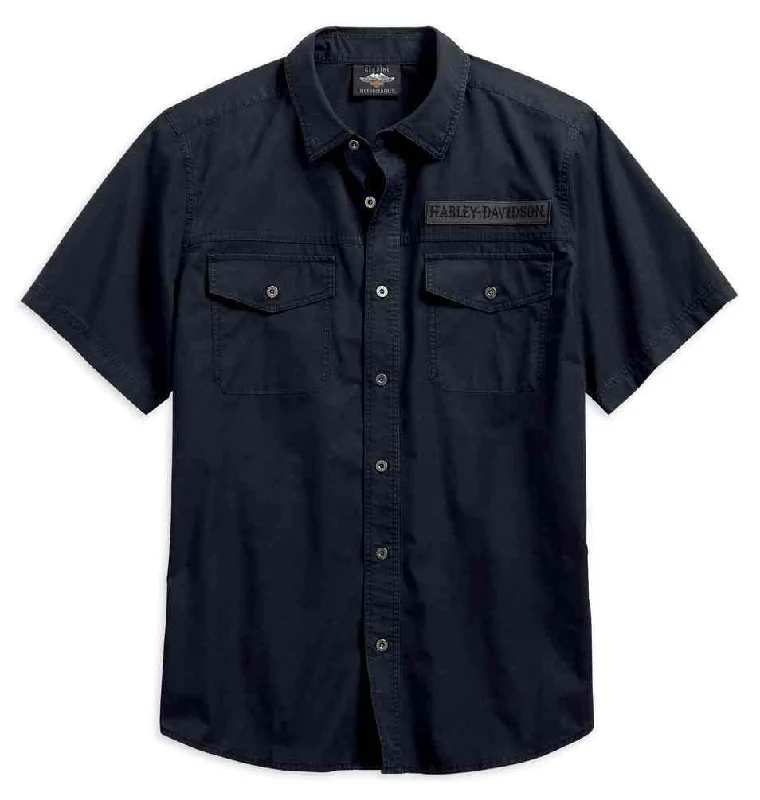 affordable short sleeve t-shirts for men -Harley-Davidson® Men's Winged Skull Short Sleeve Woven Shirt, Black - 96579-19VM