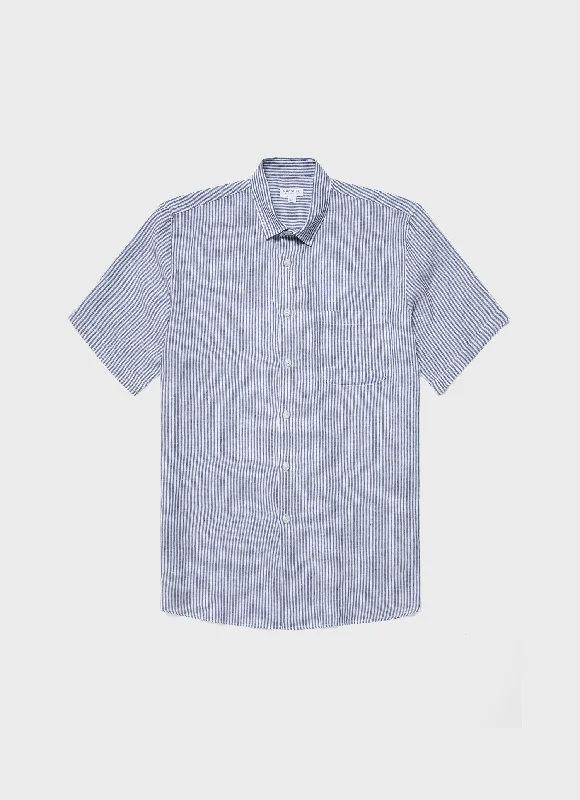 affordable short sleeve t-shirts for men -Men's Short Sleeve Linen Shirt in Navy/White Classic Stripe