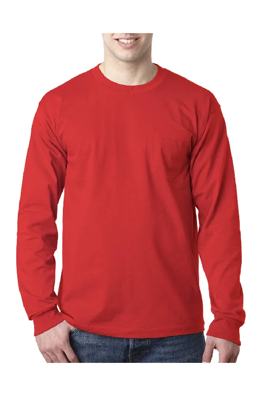 affordable short sleeve shirts for work wear -Bayside Mens USA Made Long Sleeve Crewneck T-Shirt w/ Pocket - Red