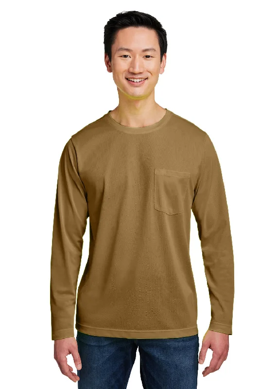 men’s high-quality short sleeve polo shirts -Harriton Mens Charge Moisture Wicking Long Sleeve Crewneck T-Shirt w/ Pocket - Coyote Brown