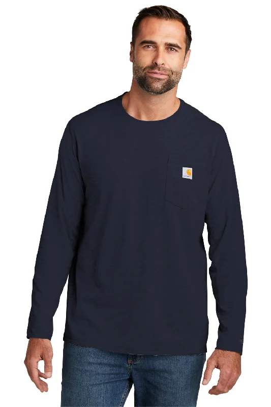 men’s formal short sleeve dress shirts -Carhartt Mens Force Moisture Wicking Long Sleeve Crewneck T-Shirt w/ Pocket - Navy Blue