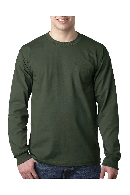 casual yet stylish short sleeve t-shirts for men -Bayside Mens USA Made Long Sleeve Crewneck T-Shirt w/ Pocket - Forest Green