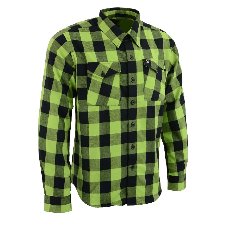 men’s regular fit short sleeve shirts -Milwaukee Leather Men's Flannel Plaid Shirt Black and Neon Green Long Sleeve Cotton Button Down Shirt MNG11632