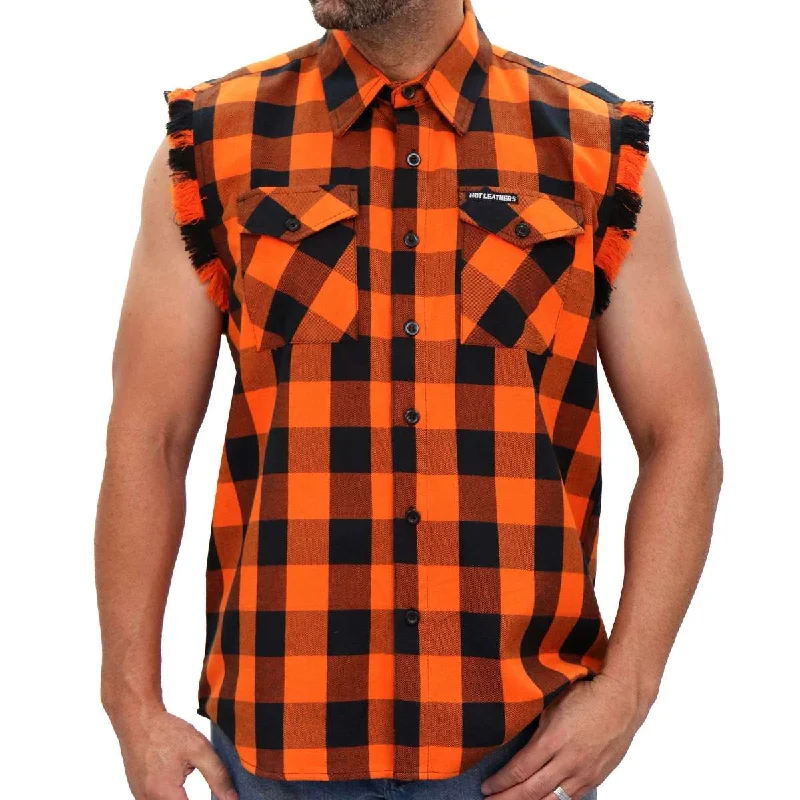 men’s comfortable and affordable short sleeve shirts -Hot Leathers FLM5210 Men's Sleeveless Fringe Orange and Black Flannel Shirt