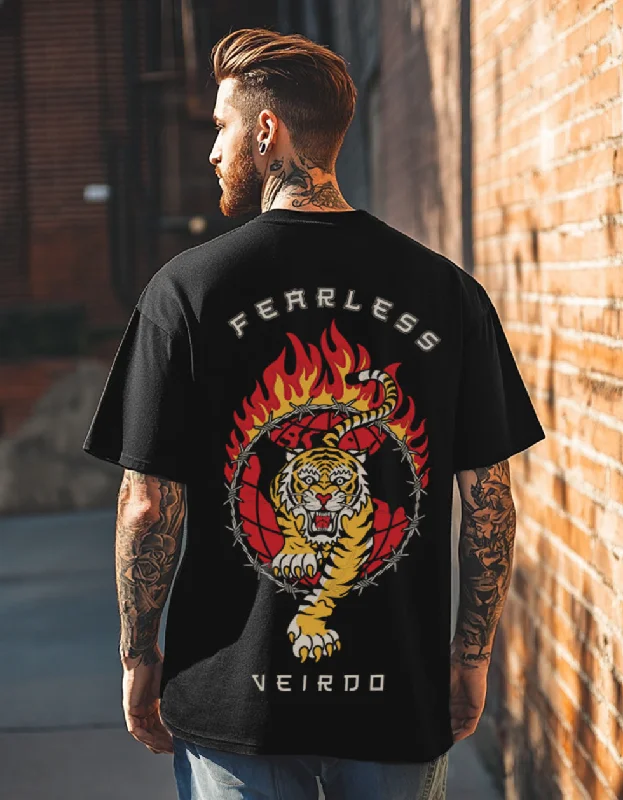 fashionable short sleeve shirts for summer -Fearless Black Oversized Back Graphic Printed Tshirt