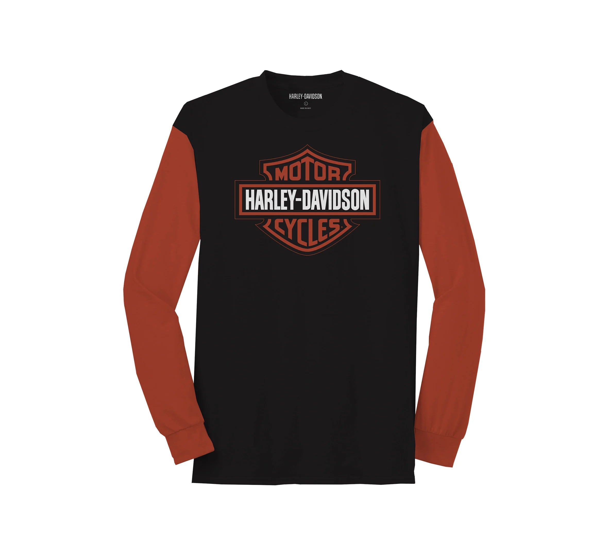 short sleeve t-shirts with modern prints for men -Harley-Davidson Men's Bar & Shield Colorblock Tee, Orange / Black - 99067-22VM