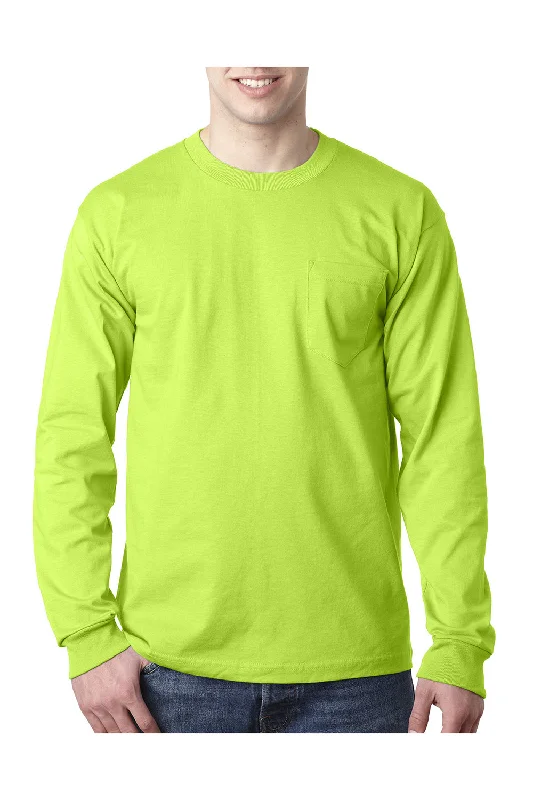 best casual short sleeve shirts for men’s wardrobe -Bayside Mens USA Made Long Sleeve Crewneck T-Shirt w/ Pocket - Lime Green