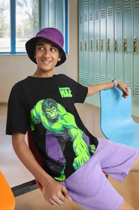 men’s short sleeve shirts with stripes -Hulk Black Oversized Graphic Placement Printed Boys T-shirt